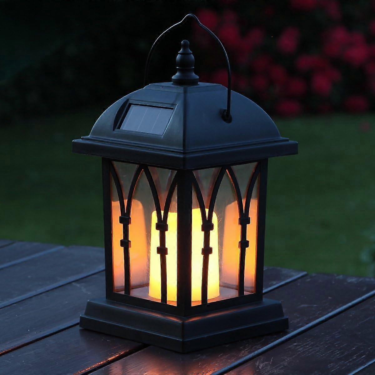 Black Solar Lantern With Led Candle And Deceptively Real-Looking Flicker Effect