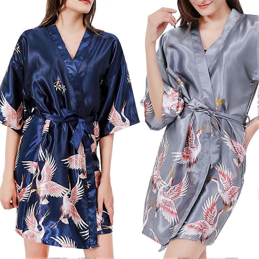 Navy Ice Silk Ladies Nightgown with Adjustable Belt for Comfortable Wearing