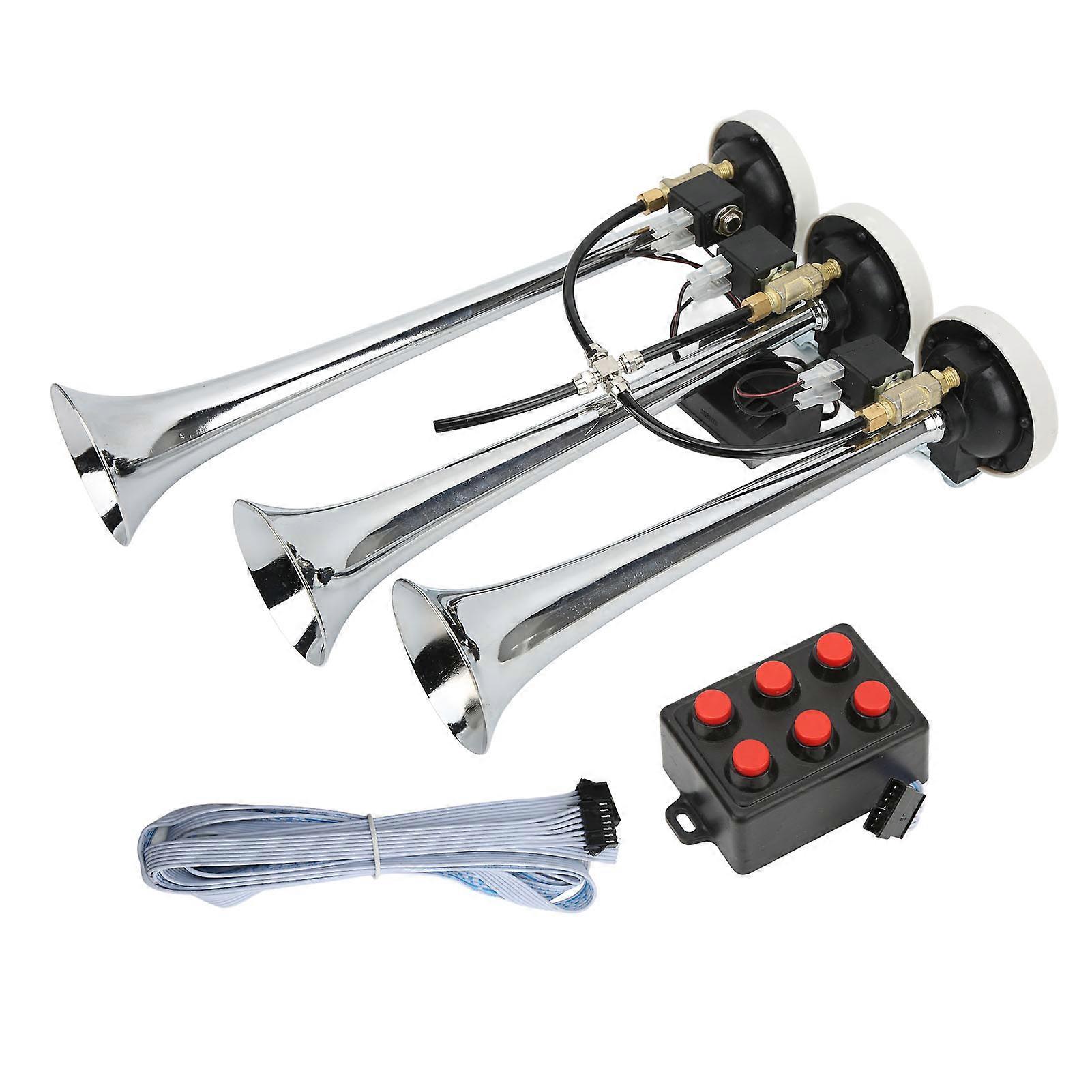 Klaxon à air 3 trompettes 6 tons chromé 305/342/385 x 79 mm DC12 V/24 V pour voitures de club, camions, yachts