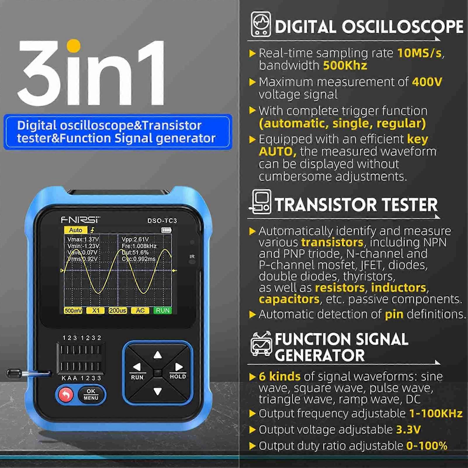 Oscilloscope 3 In 1 2.4inch Digital Display with LED Backlight Transistor Tester Function Oscilloscope