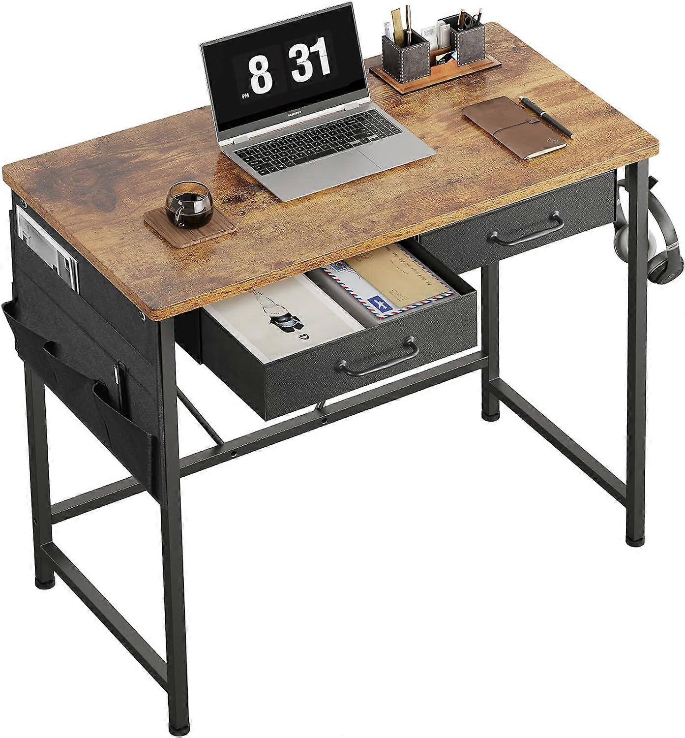 Maihail Small Desk with Drawers, 31.5 inch Small Computer Desk, Writing Desk for Small Spaces, Small Office Desk with Metal Frame, Rustic Brown