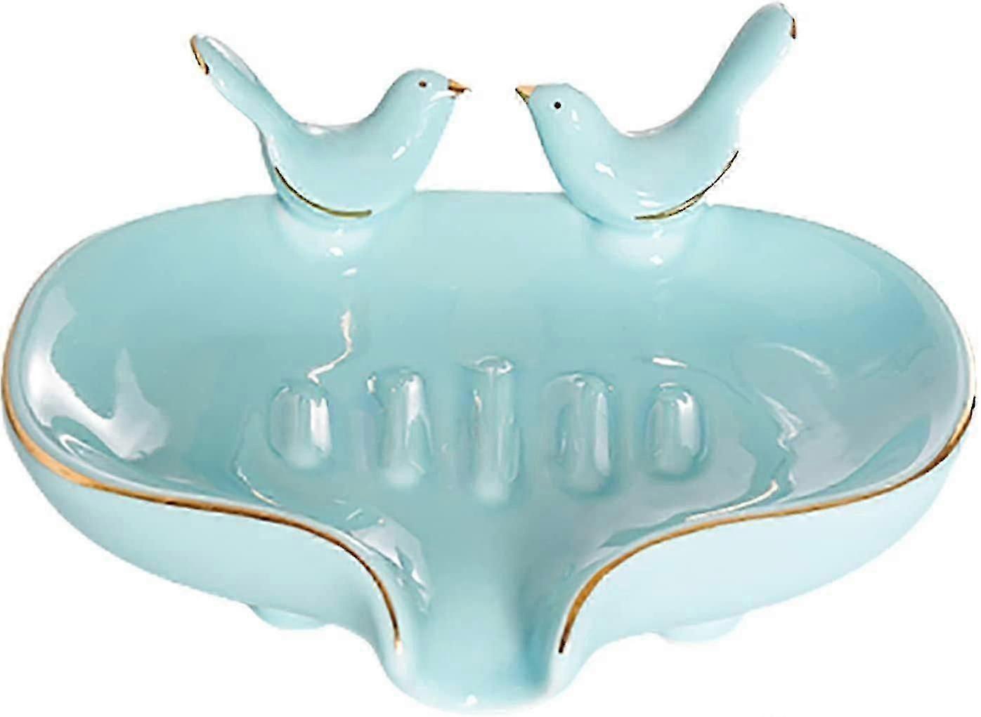2pcs Ceramic Soap Dish with Drainage,Self Draining Soap Holder with Birds Soap Tray,Waterfall Soap Dish Soap Savers for Bathroom Shower Sink (D-4D)