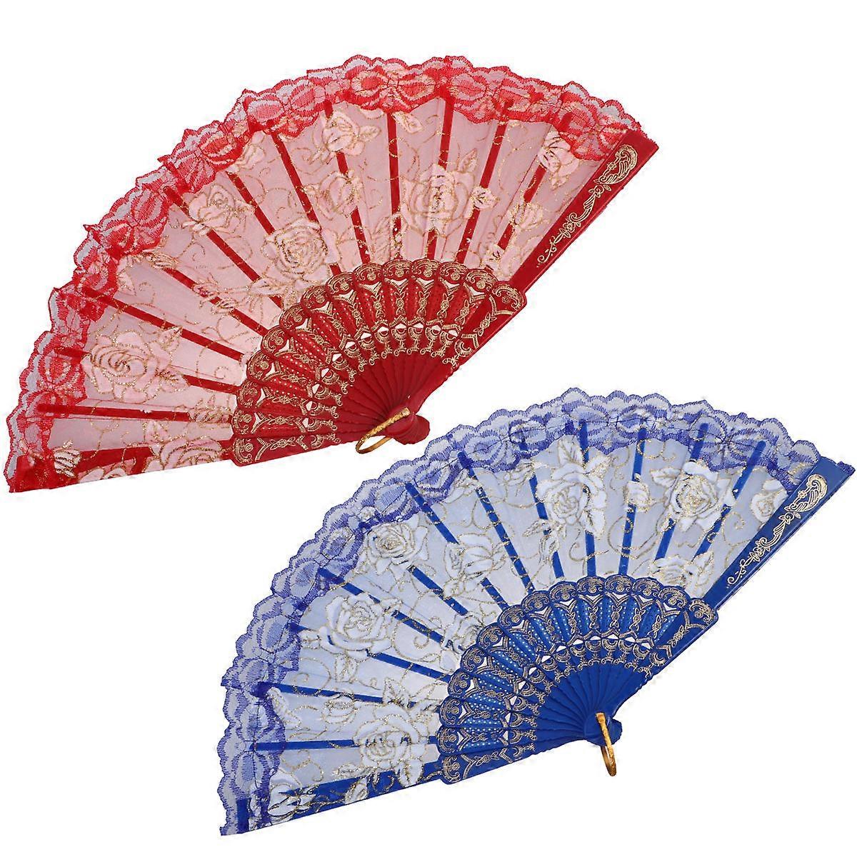 Lace Folding Fan Delicate Adornment Fan for Decoration 2Pcs Red and Blue