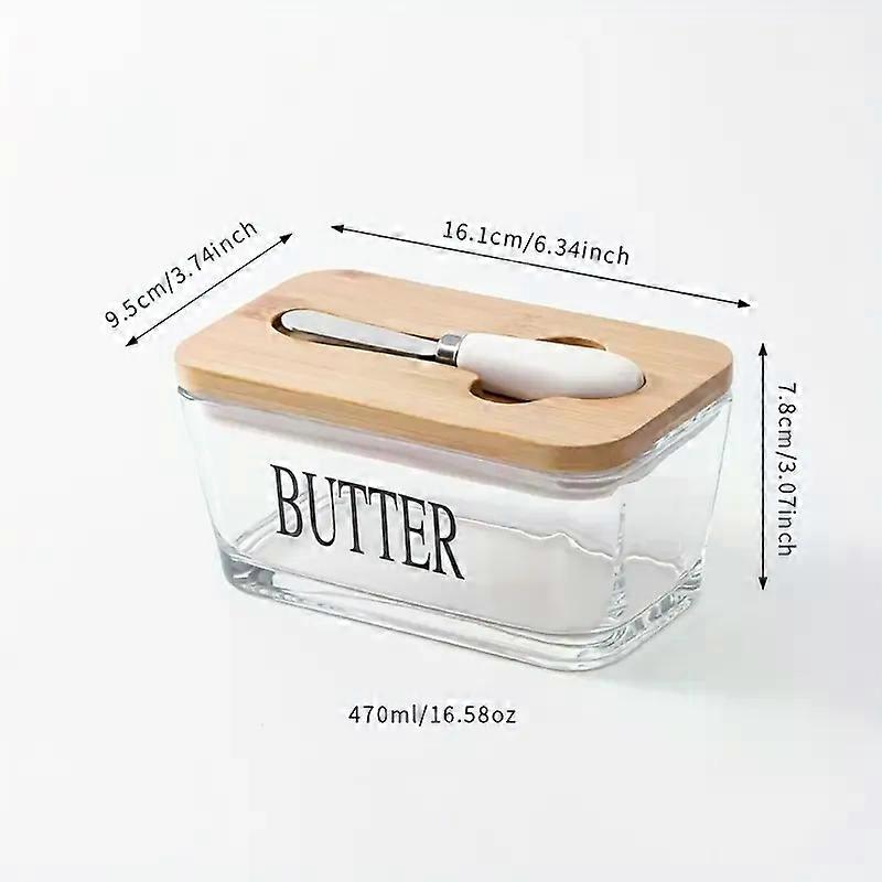 Glass Butter Dish With Oak Lid And Butter Knife, Suitable For Keeping Butter Fresh Color Of Wood