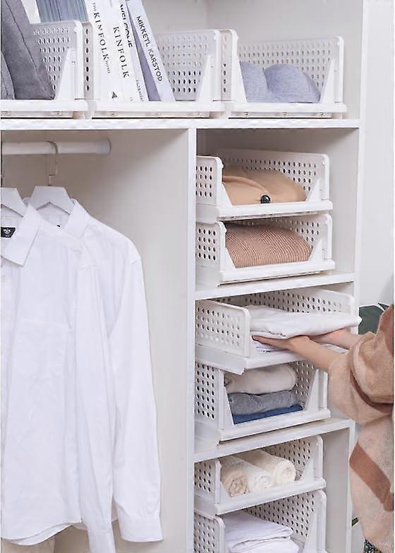 Folding Closet Organizer Basket Plastic Storage Frame Stackable Drawer For Bathroom And Kitchen White