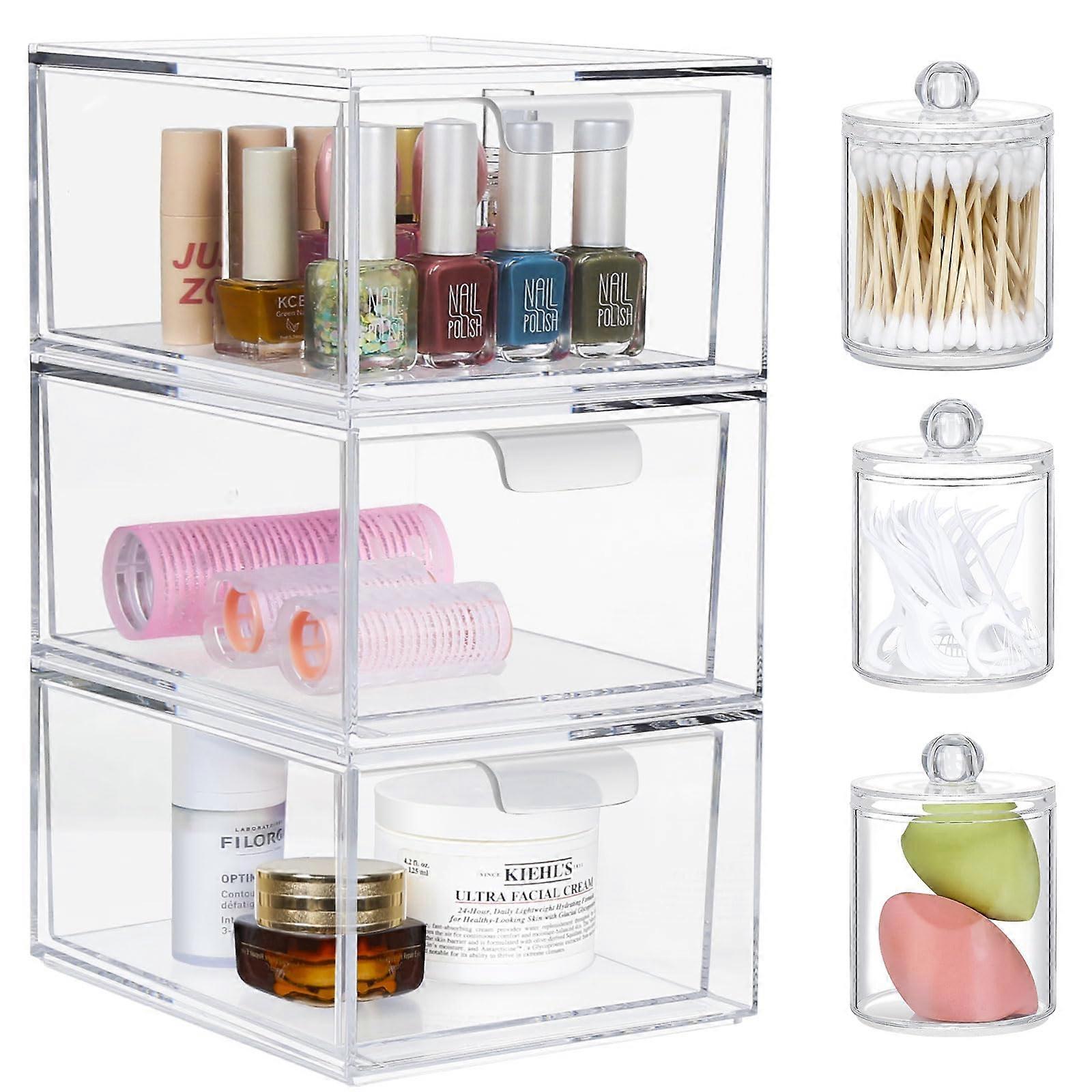Makeup Organizer Drawers Clear Plastic Stackable Storage for Vanity Cosmetics, 3 Pack with Qtip Holders
