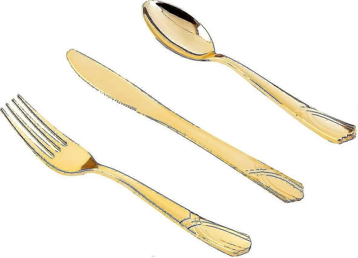 150ゴールド使い捨てシルバーウェアプラスチックゴールドカトラリーセット - 50フォーク、50ナイフ、50スプーン - ゴールド使い捨て食器セット頑丈なプラスチックフラットウェアFo
