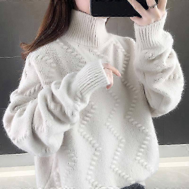 High Neck Thickened Pullover Sweater Solid Color Wave Pattern Single Layer for Women's Winter Lazy Knit Top