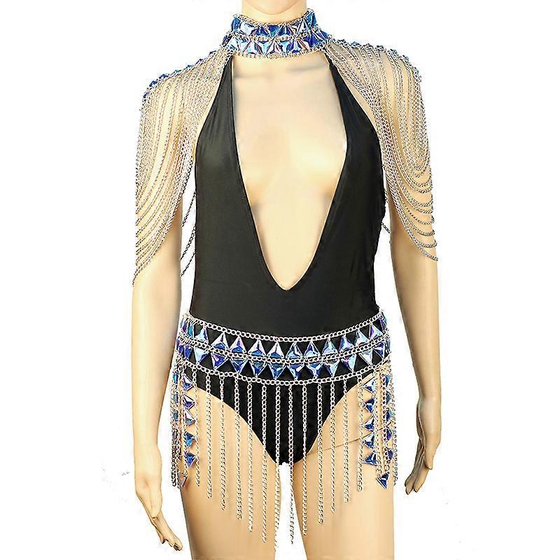 Long Silver Tassels Body Chain Skirts Carnival Bikini  Layered Shoulder Chain for Women Belly Dance Chain