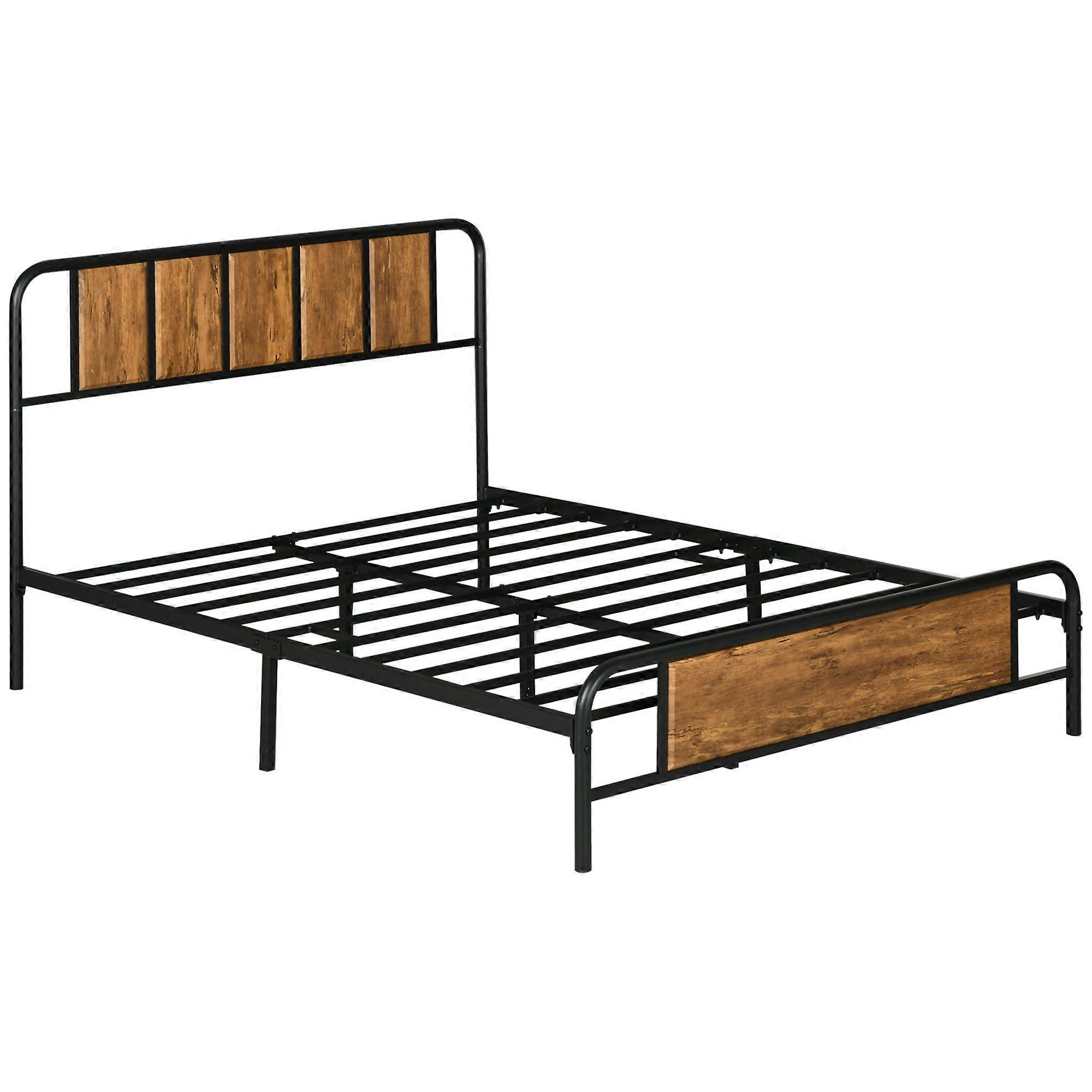 4.8ft Double Bed Frame with Wood Headboard and Storage