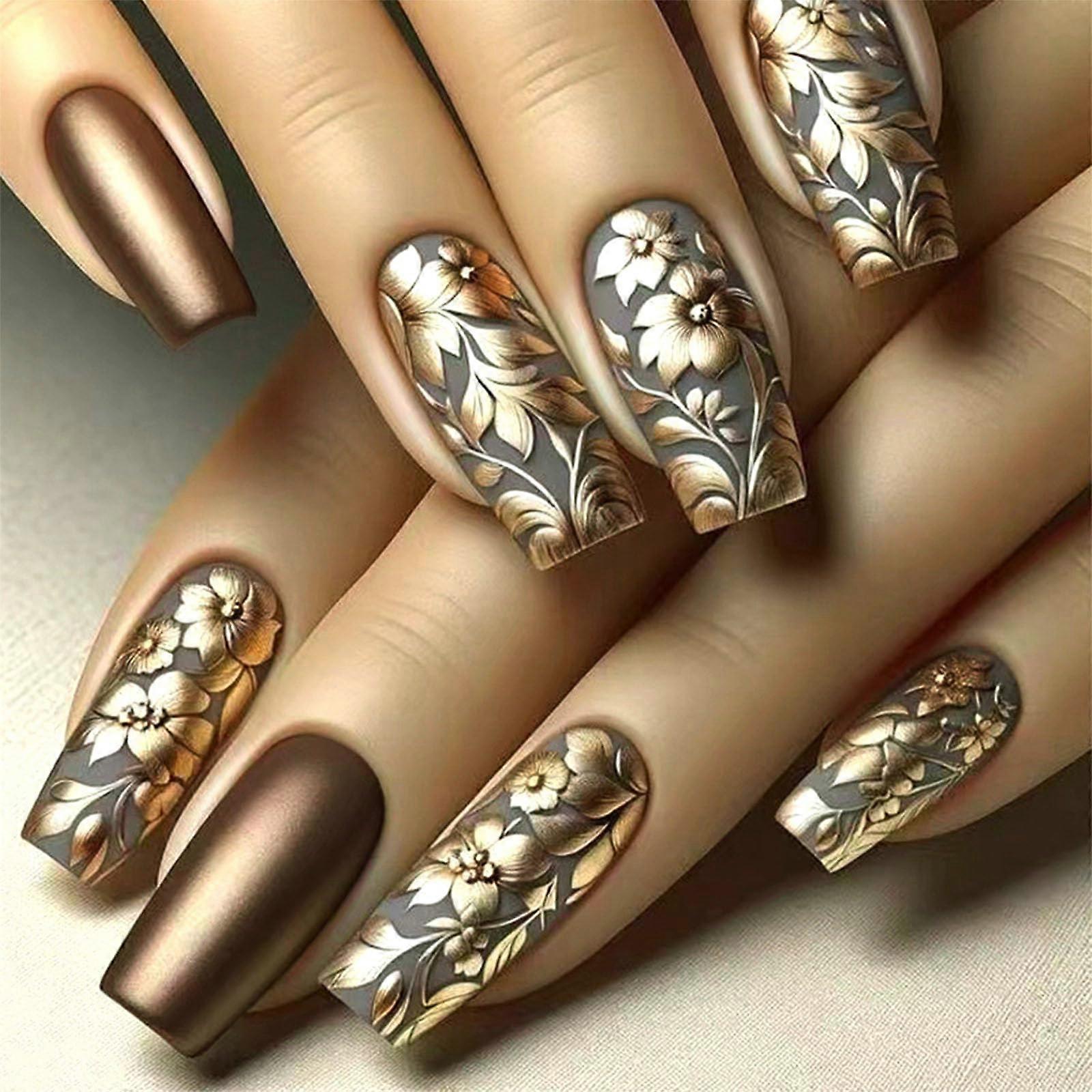 Medium Coffin Press on Nails with Brown Leaf Floral Design, Reusable Acrylic Set 24pcs