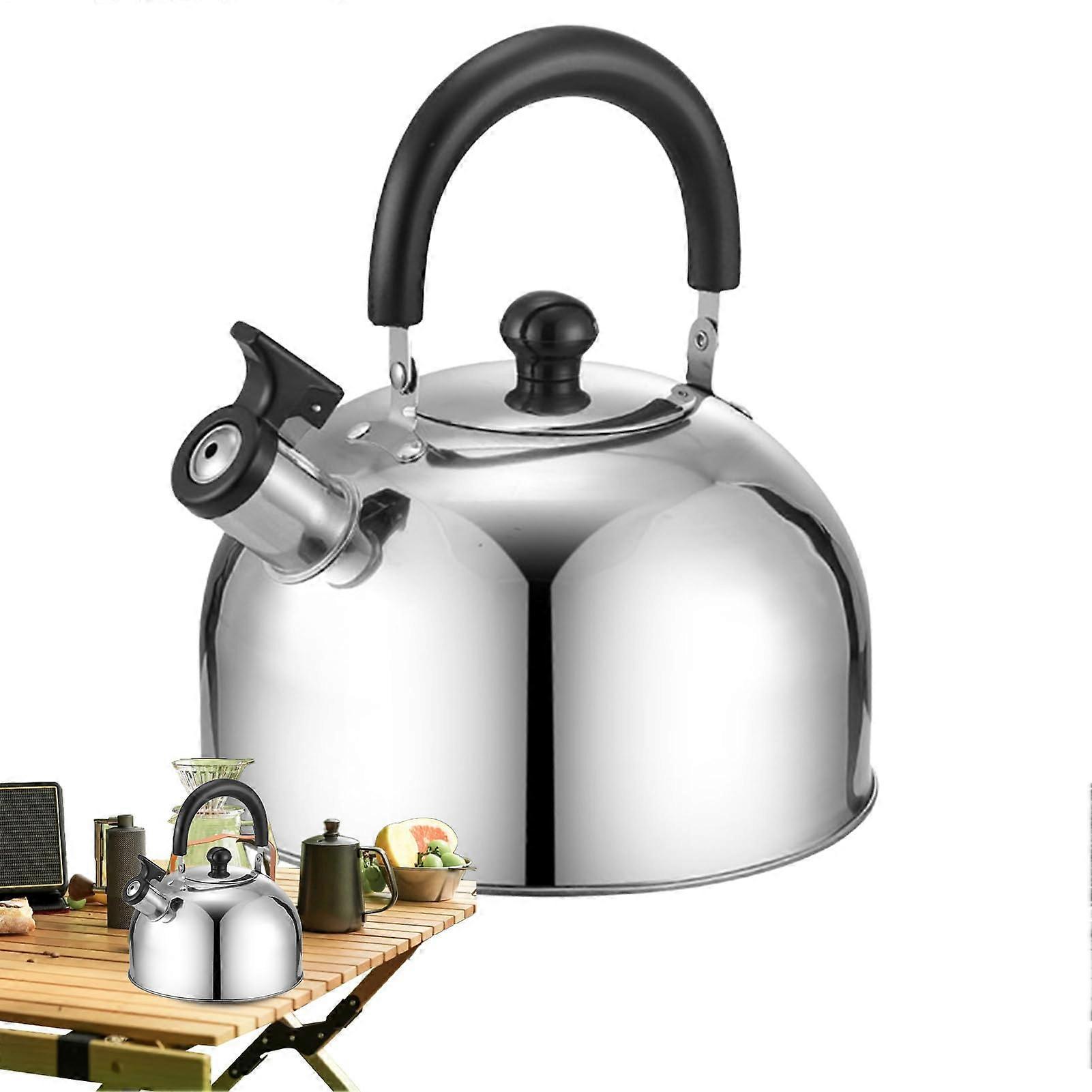 1.5L Camping Kettle Stainless Steel Whistling Tea Pot with Fast Boil and Foldable Handle for Hiking
