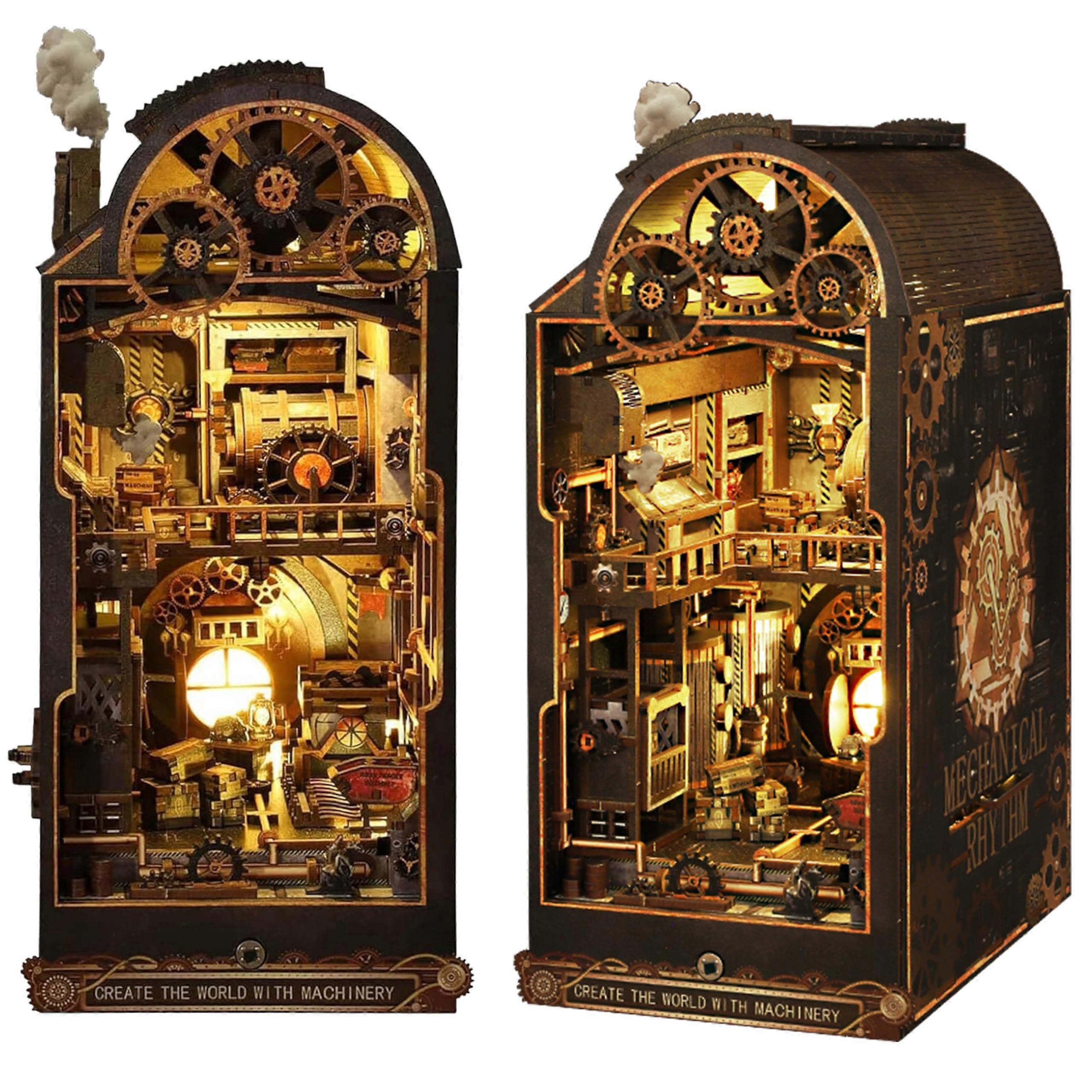 Book Nook Kit 3D Wooden Puzzle DIY Steampunk Mechanical Bookshelf Insert with Sensor Light