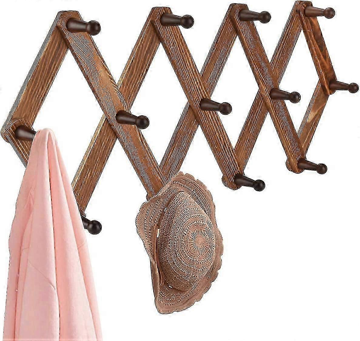 Space saving wooden wall hanger with 13 hooks for multiple items