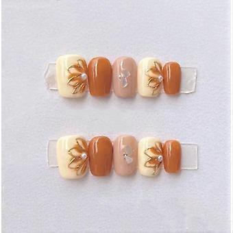 Handmade Gradient Press On Nails with Gold Trim and Rhinestones, Reusable Short Fake Nails Set XS141011108