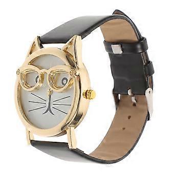 Kinderhorloge met kattenpatroon en quartz uurwerk, 1 stuk, inclusief zwarte PU-band.