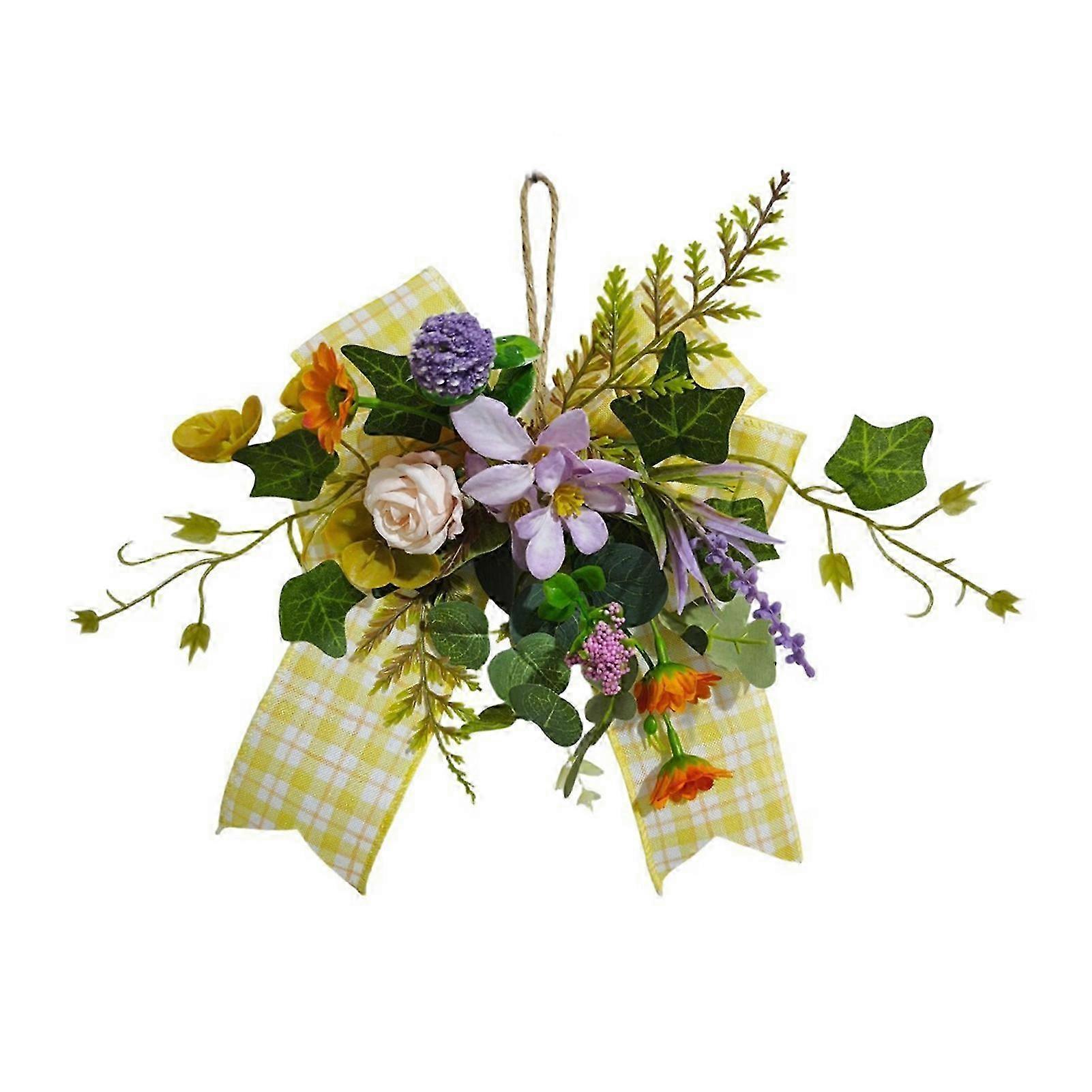 Artificial Violet Wreath - Yellow Plaid Bow - compatible with Front Door Spring
