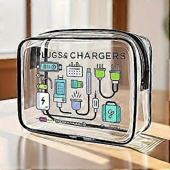'Plugs &amp; Chargers' Transparent PVC Toiletry Bag, Foldable Travel Organizer with Handle, for Electronics &amp; Makeup, Men and Women