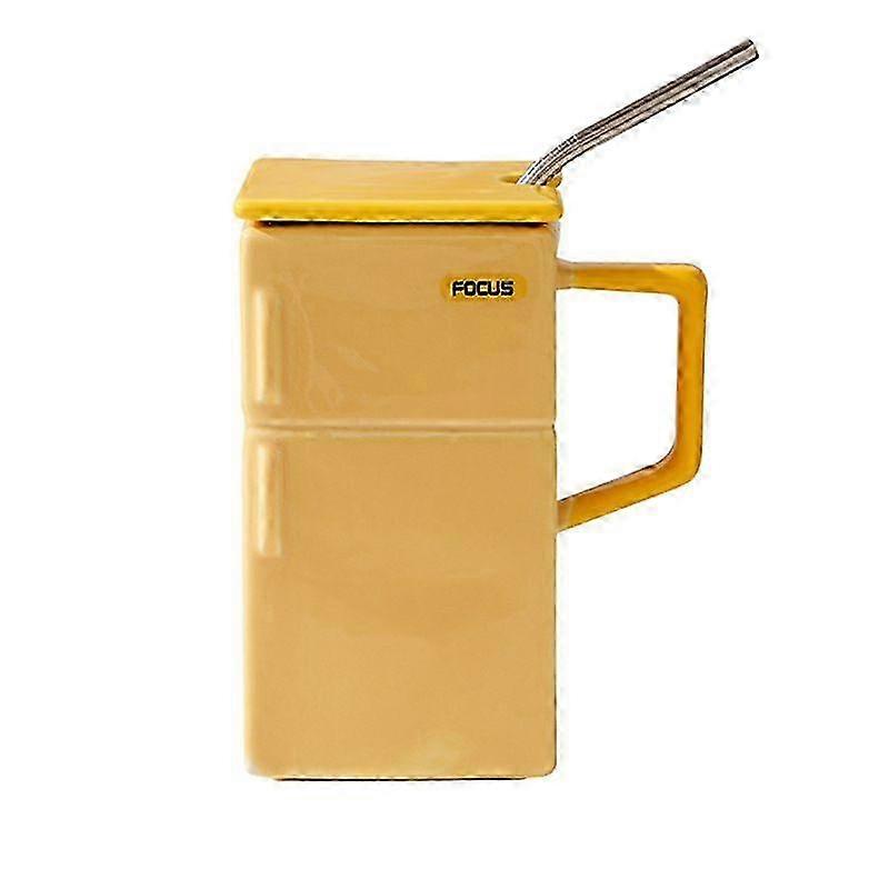 Retro Fridge Ceramic Mug Leakproof Lid Straw
