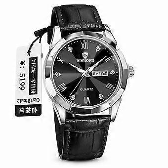 Reloj de cuarzo para hombre, estilo ejecutivo, con correa de cuero negro, esfera azul y acero plateado, resistente al agua. JY
