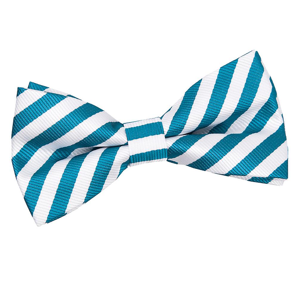 White and Teal Thin Stripe Pre-Tied Bow Tie