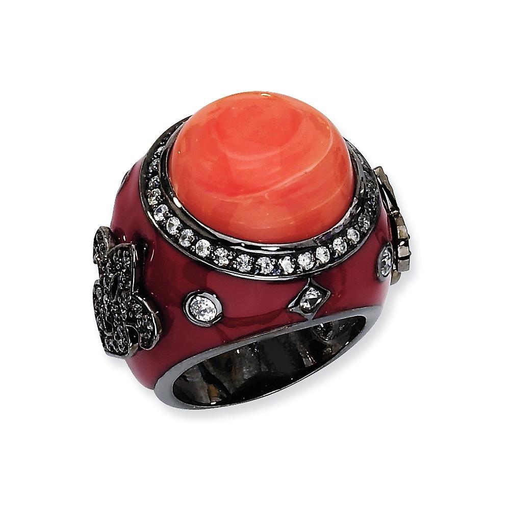 Black Plated 925 Sterling Silver Enamel Red Simulated Coral and Cubic Zirconia Ring Band Style-Ring for Women - Ring Siz