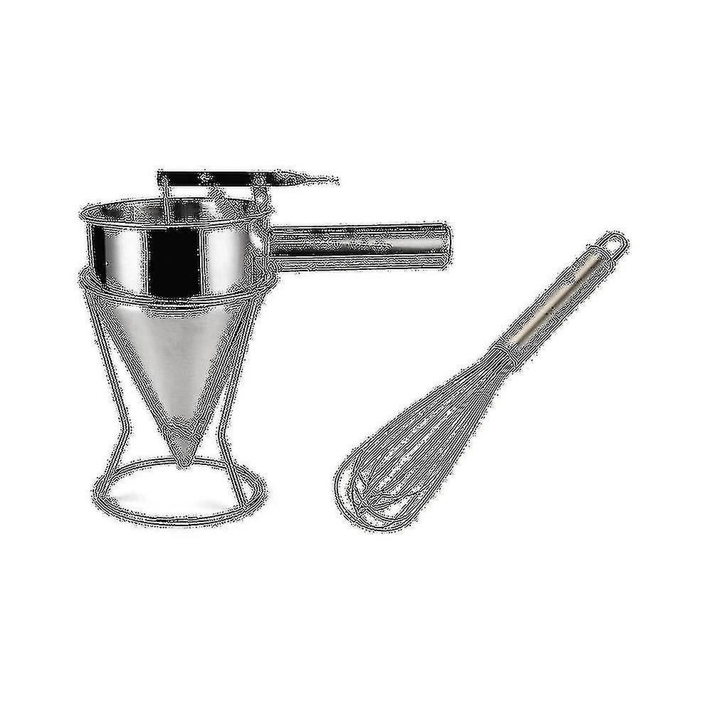 1 rustfritt stål baketrakt pannekake deig dispenser + fast stativ med deigsamler