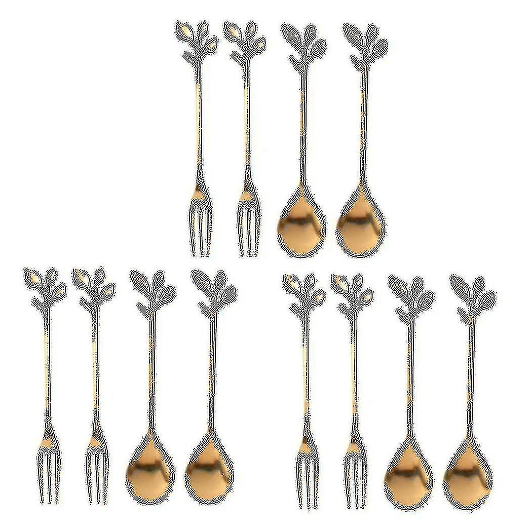 Tableware Gold Leaf Coffee Spoon Fork,12 Pack(6 Spoons 6 Forks) 4.7 Inches Tea Spoon Set
