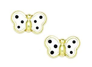 Or jaune 14 carats émail vis dos grand papillon blanc ailes d’ange boucles d’oreilles 7x10mm boucle d’oreille pour femme