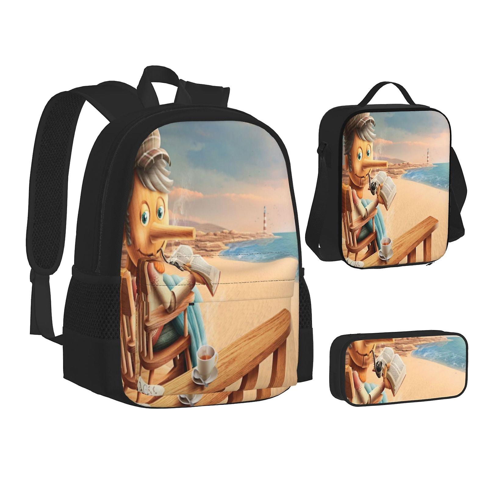 ピノキオ漫画3PCSスクールバックパック軽量スクールブックバッグランチボックスペンシルバッグラージデイパック