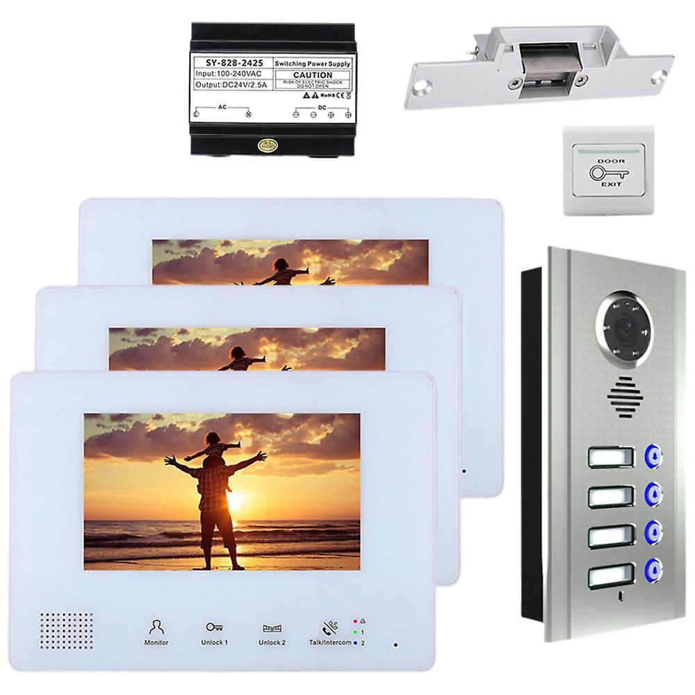 Doorbell Video Intercom System for 3 Apartments Video Door Phone+Electronic Door Lock