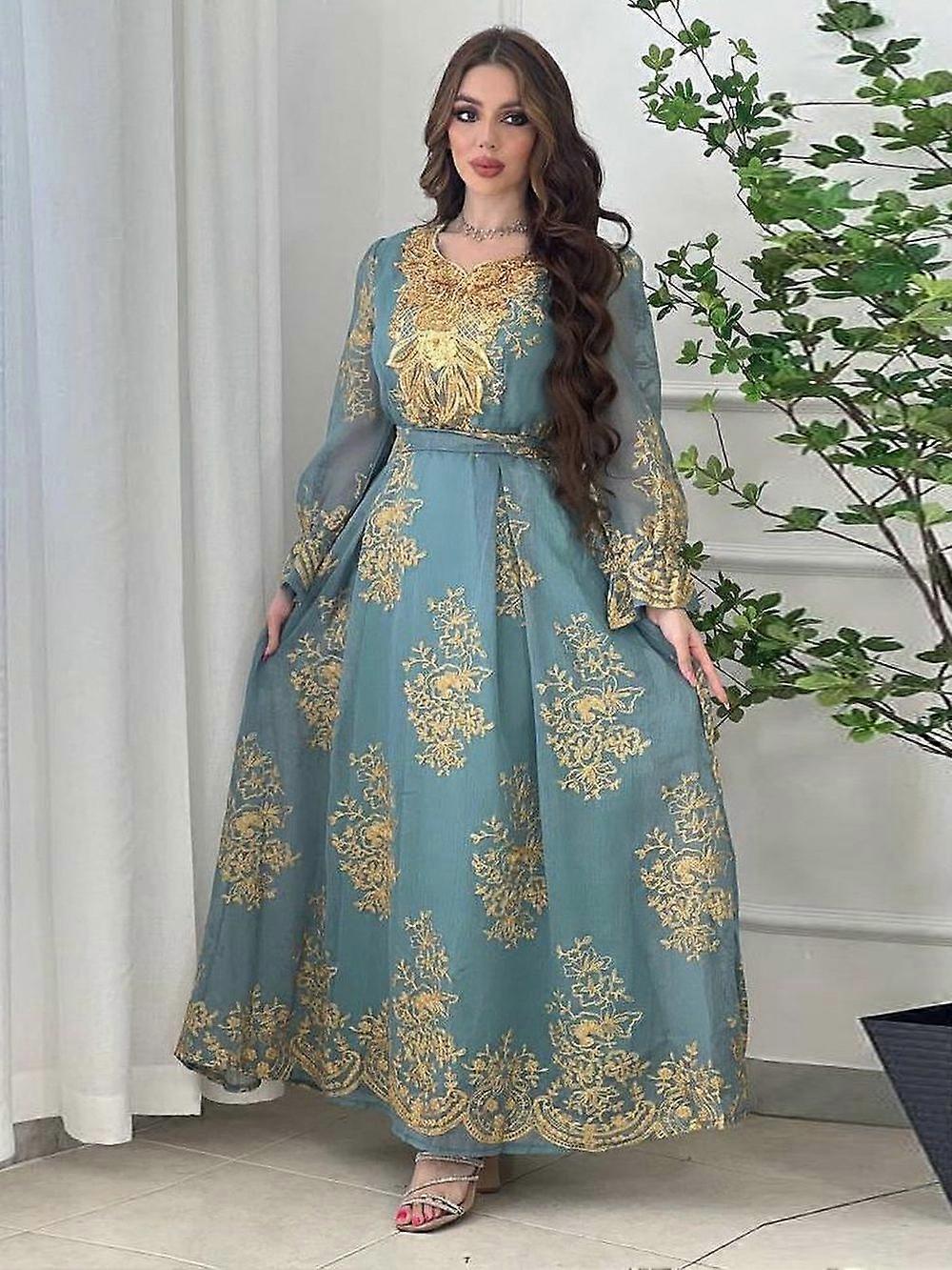 Eid Ramadan Morocco Muslim Women Dress Abaya Embroidery Kaftan V-Neck Maxi  Long Sleeve Arabic Turkey Dubai Luxury Evening Robe | Fruugo QA