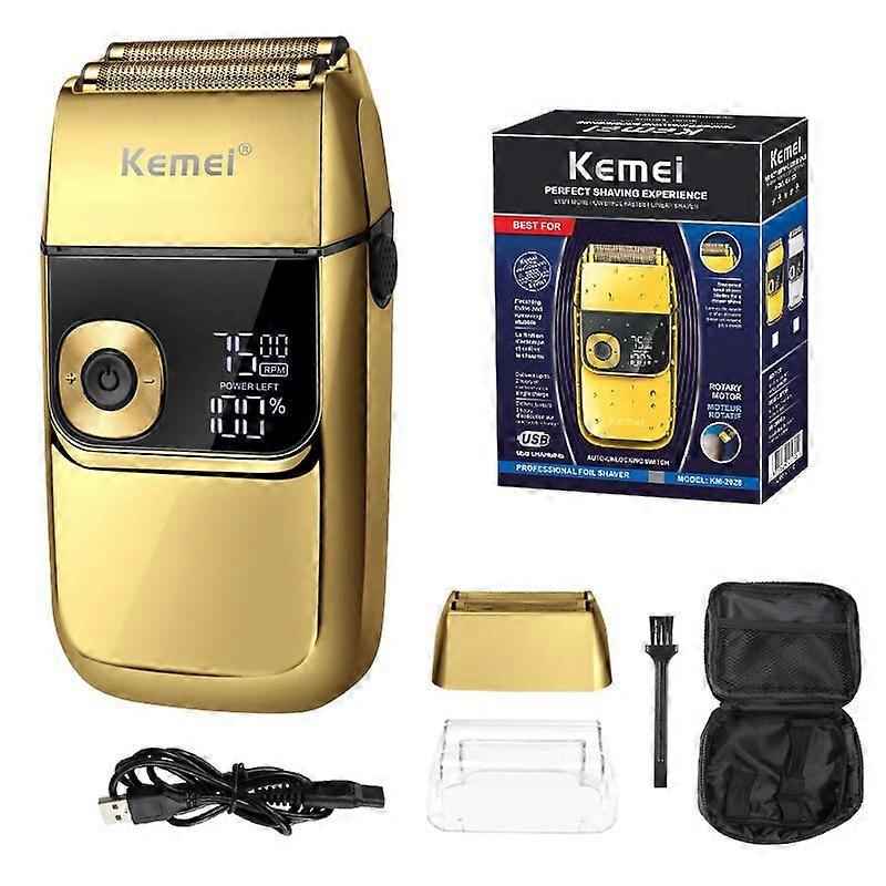 Kemei Electric Foil Shavers for Men All Metal 2 in 1 Foil Trimmer LED Waterproof Shaving Machine 3-Speed Adjustable KM-2028 Gold Fabric Shavers