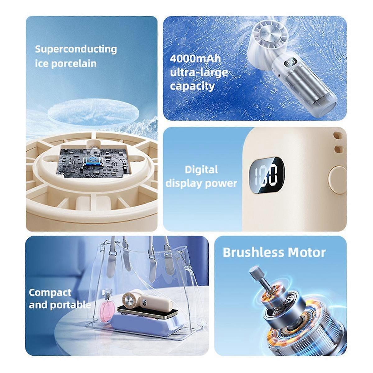 Ice Compress Mini Fan Cooling Handheld Fan Mini Folding Digital Display Mute Desktop Fan Ice Compre