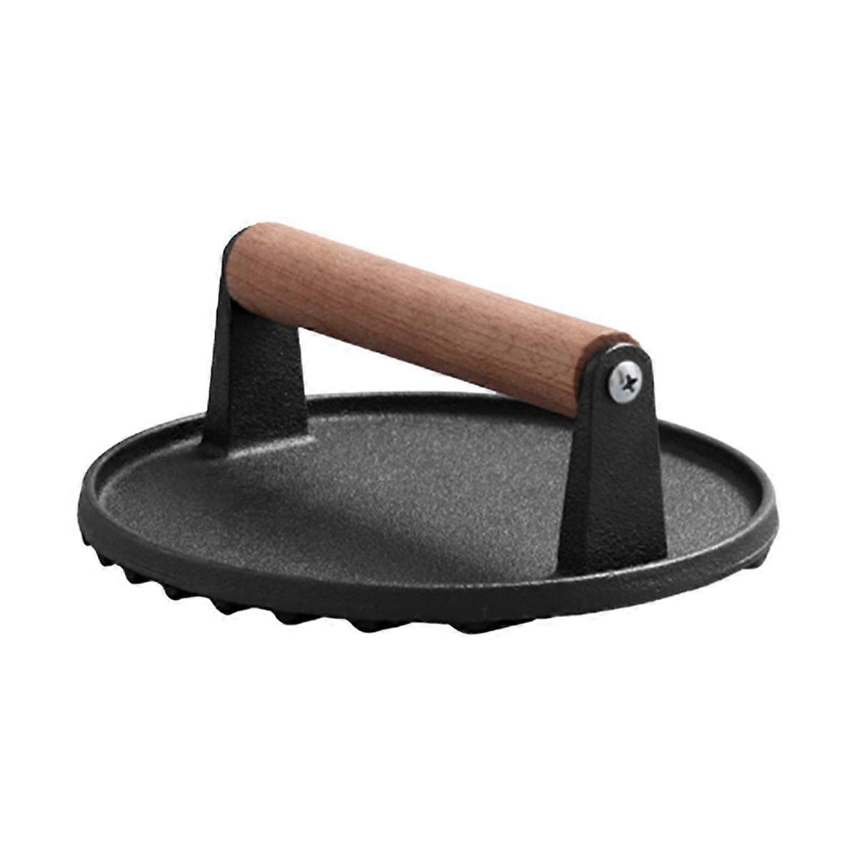 Cast Iron Meat Press Board with Wooden Handle for BBQ, Steak Grill Round Meat Press, Meat Patty Press (Round)