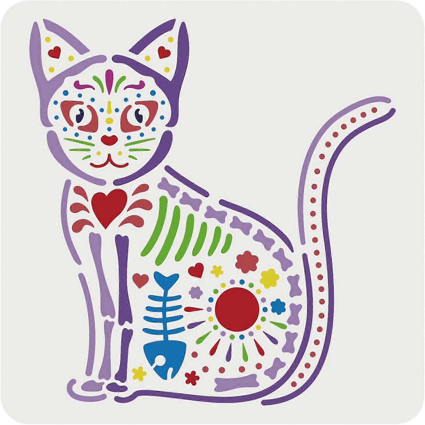 Cat Sugar Skull Day of The Dead Stencil 11.8x11.8inch Large Size Laser Cut Reusable Templates Airbrush Mylar DIY Art Craft Painting Template Chalk Sig