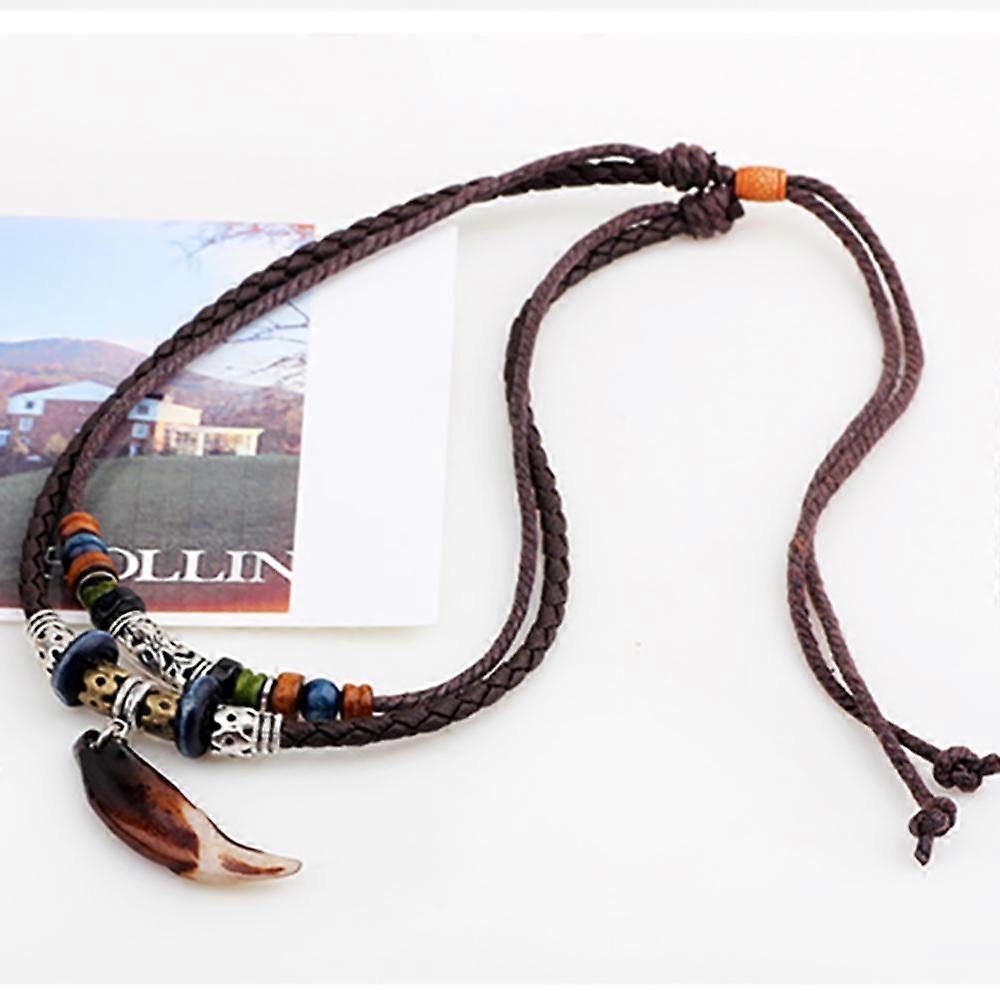 Brown Leather & Brass Tooth Pendant Necklace - Adjustable Rope Chain, Unisex Nature Style