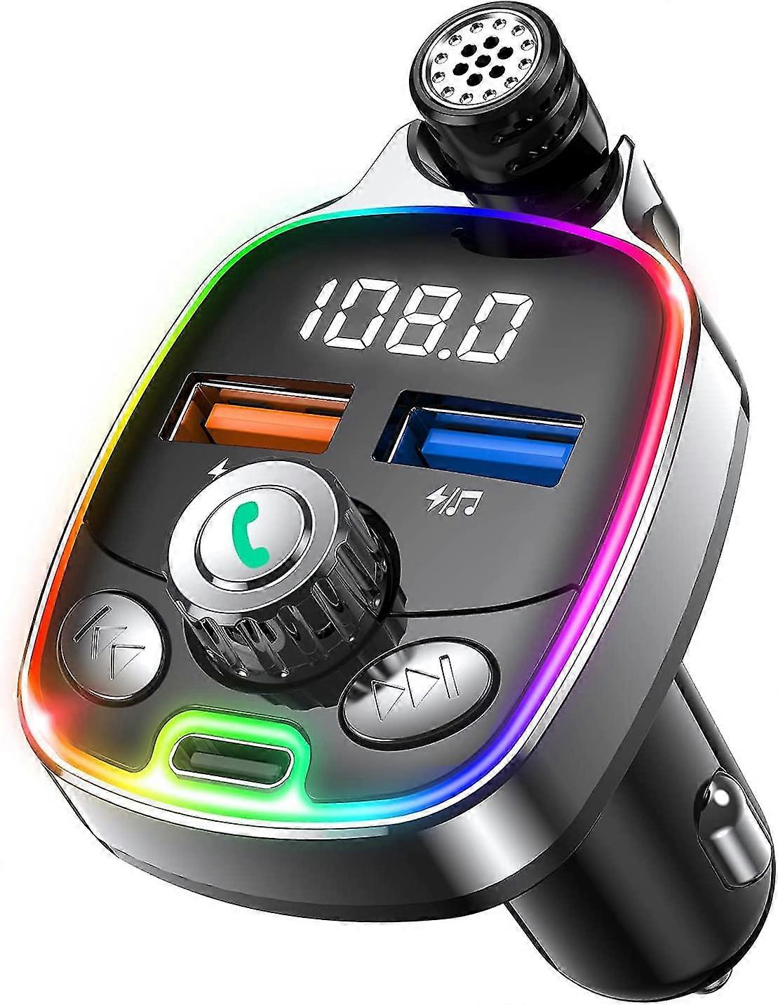 Yaju Bluetooth 5.0 Fm transmițător pentru masina, 18w Tip-c PD + Dual-port Qc3.0 Fast USB Încărcător, 7 culori LED-uri iluminate auto Radio Bluetooth Adaptor Suppor