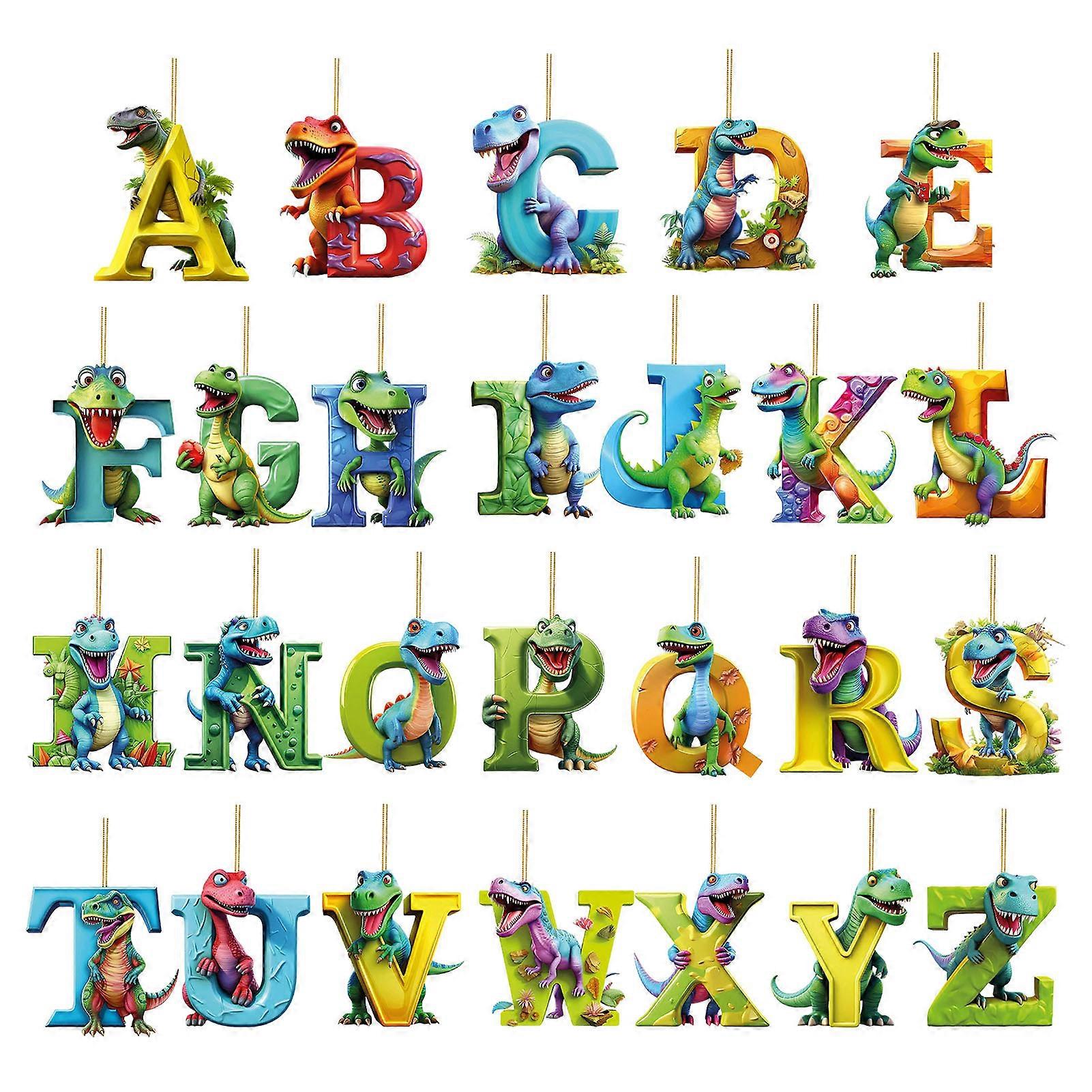 26 st dinosaurie jul prydnader akryl tecknad dino bokstav hängsmycke xmas träd dekorationer hängande prydnader för heminredning
