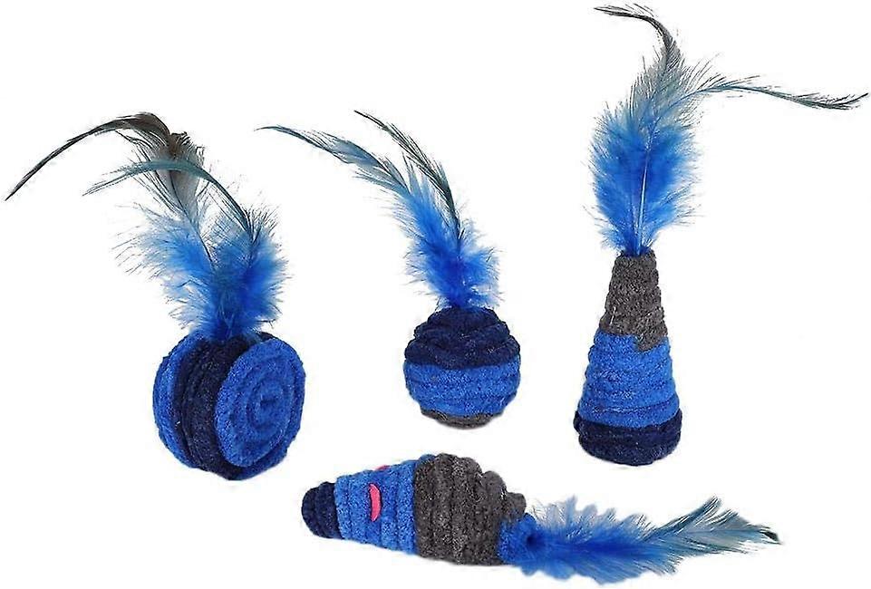 4PCSフェザーファニー猫のおもちゃ、青いぬいぐるみマウスボールかわいい形の子猫ペットを捕まえる追跡プレイおもちゃ猫漫画インタラクティブおもちゃ