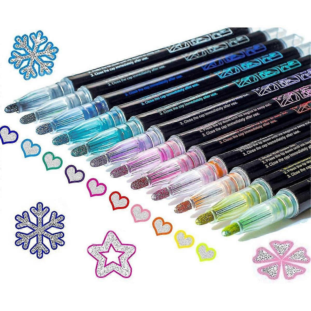 Shimmer Markers Doodle Outline Dazzles: 12 Colors Metallic Double Line Glitter Pens Set Super Squiggles Sparkle Dazzlers