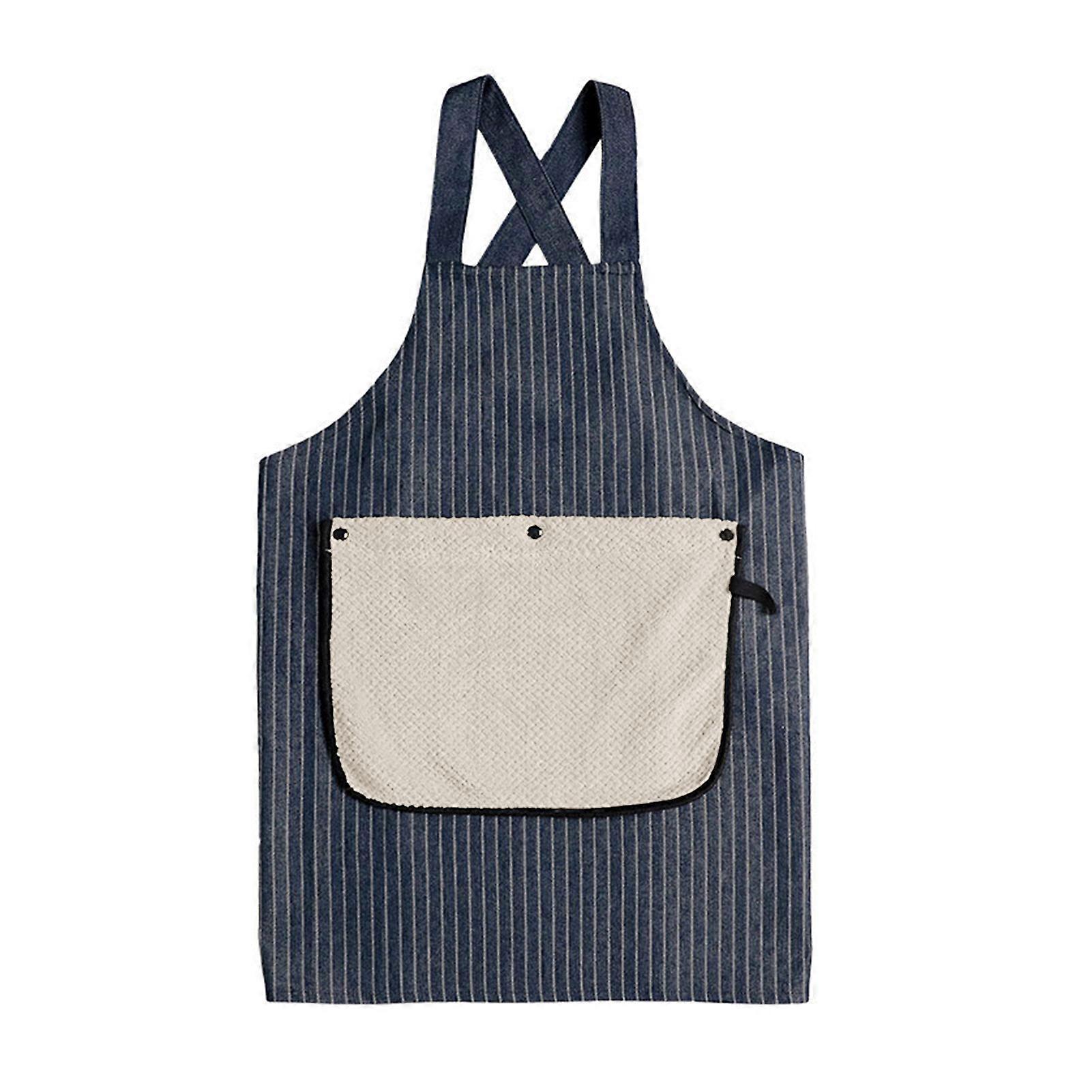 Stripe Stain-resistant Kitchen Apron with Pocket And Removable Hand Towel for Women Men Cross-back Restaurant Cooking Pinafore Breathable Multifunctio