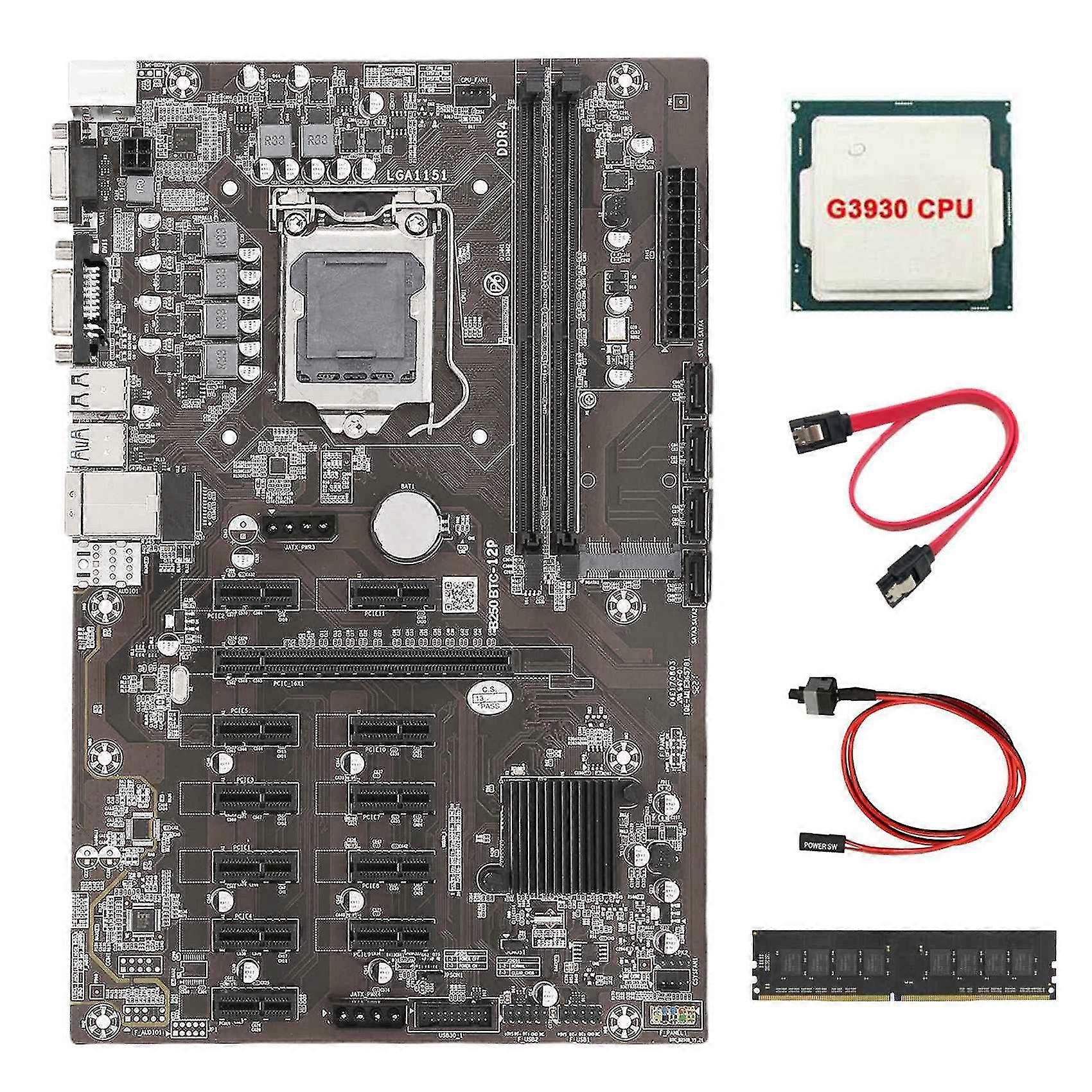 B250 BTC Mining Motherboard 12 PCIE16X Graph Card LGA1151 with G3930 CPU+DDR4 4G 2666Mhz RAM+SATA C