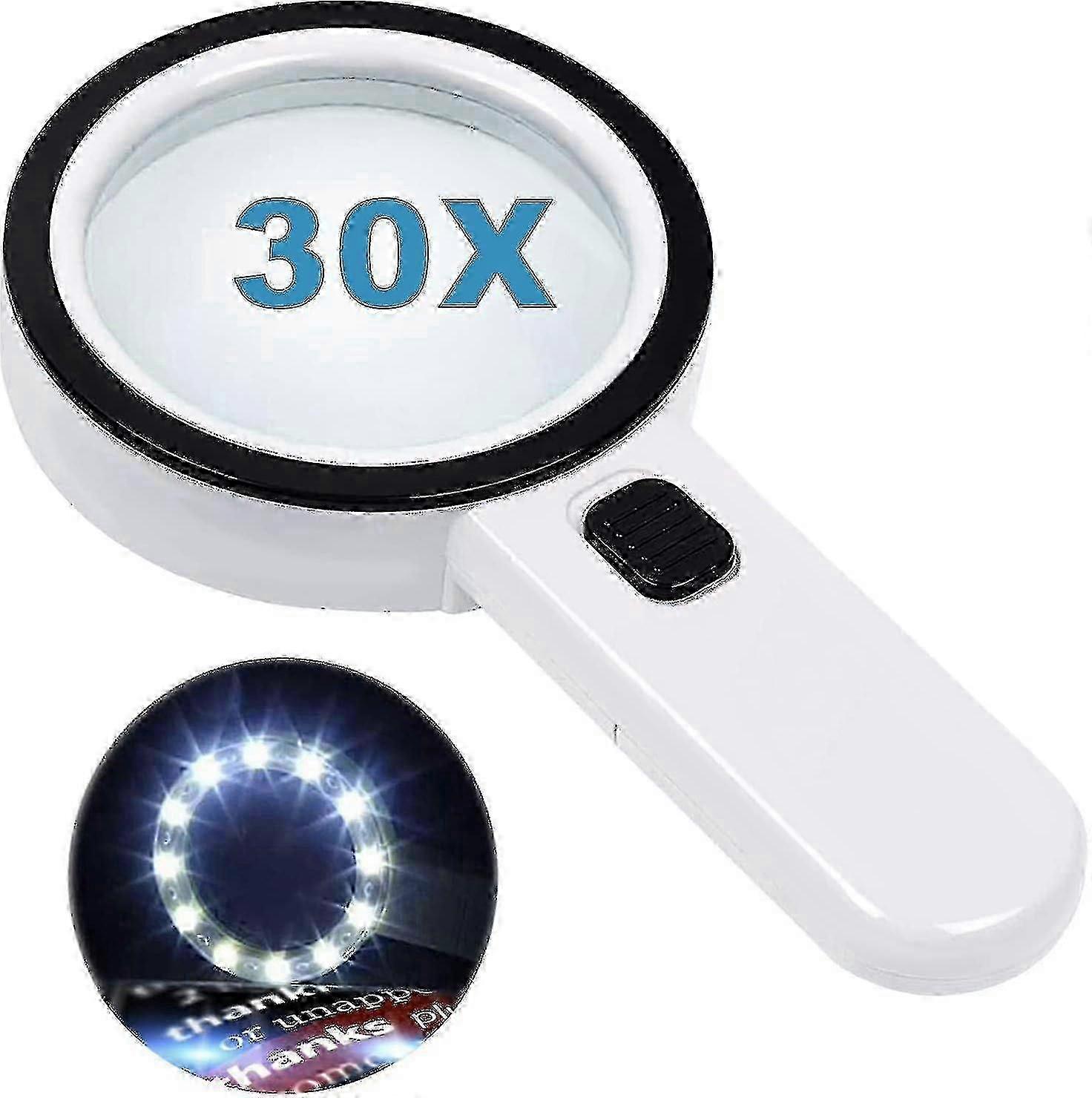 Reading Magnifier With 12 Led Lights, Double Glass With 30x Magnification. To Easily Read Coins, Stamps, Maps. Ideal In Of Macular Degenera