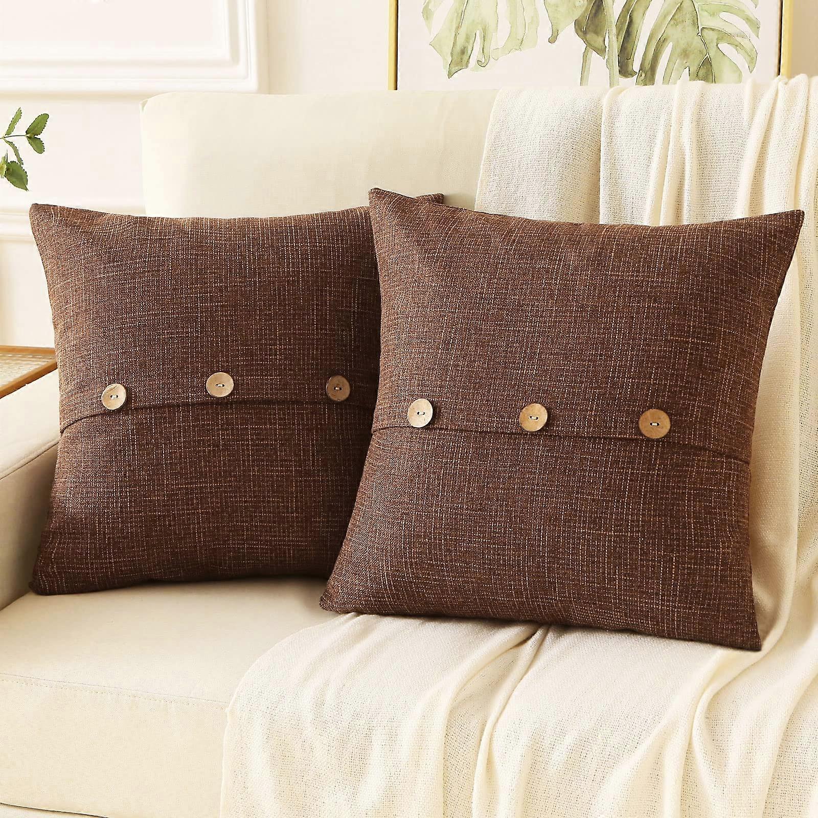 Brown Linen 20x20 Inch Decorative Pillow Covers Set of 2, Square Cushion Cases with Vintage Style Buttons