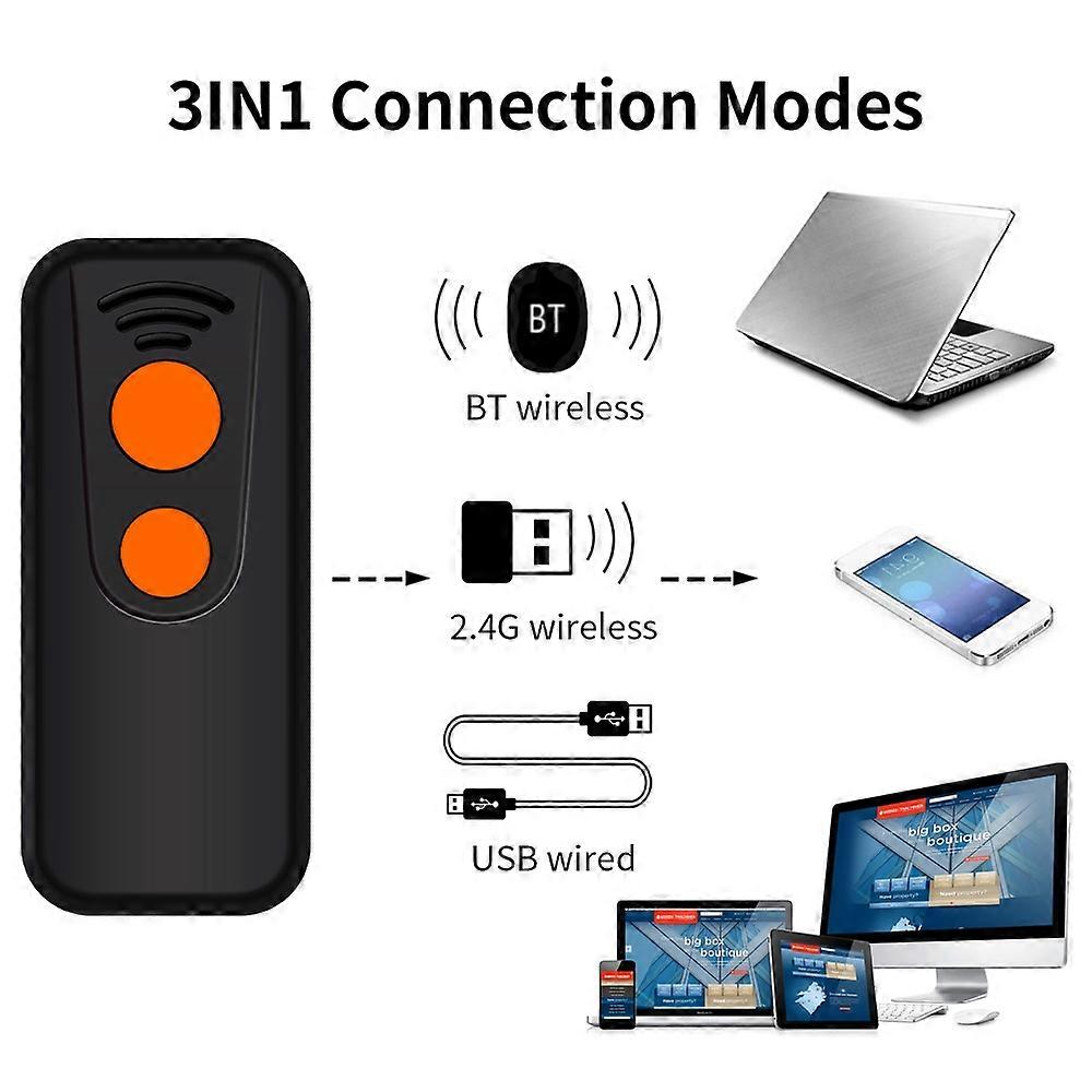 2D 1D QR Barcode Scanner 3 in 1 BT & 2.4GHz Wireless & Wired Connection Sound and Vibrator Prompt Su