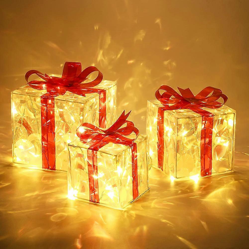 Set of 3 LED gift boxes, Christmas decorations with warm white LEDs inside power, PVC waterproof Christmas box illuminated outside with bow