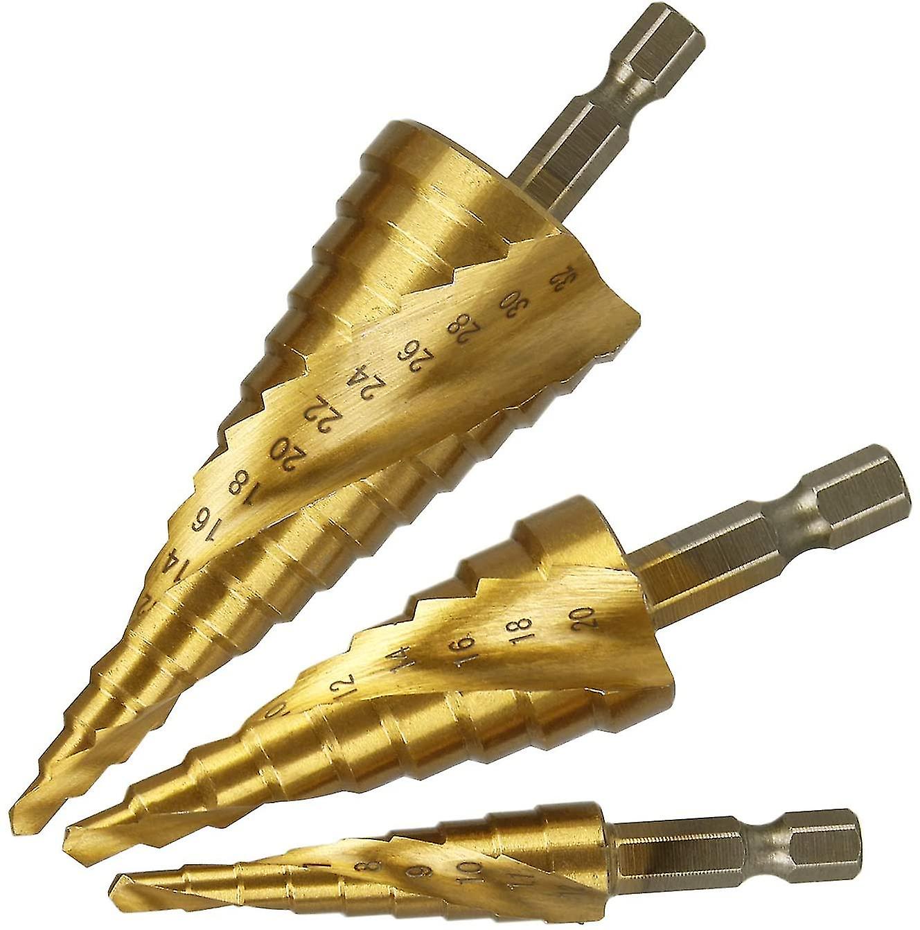 Drill Bit Set, Spiral Grooved, High Speed Steel Titanium Coated, 4mm To 12/20/32 Mm Hex Shank Metric, Hss Cutting Tool