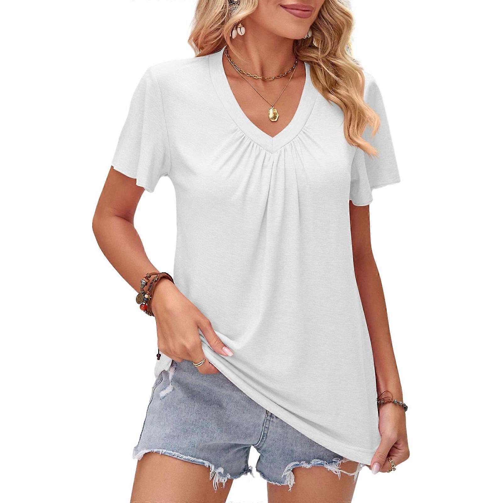 kvinner Sommer Flare Ruffle Kortermet Løstformet T-skjorte Shirred V-hals Helfarge Fritid Plisserte tunikaer Topp Gatemote Hvit XL
