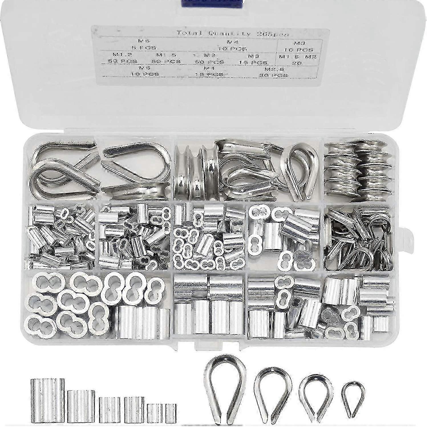 265pcs in alluminio crimpare loop manicotti + capicorda in acciaio inox per cavi